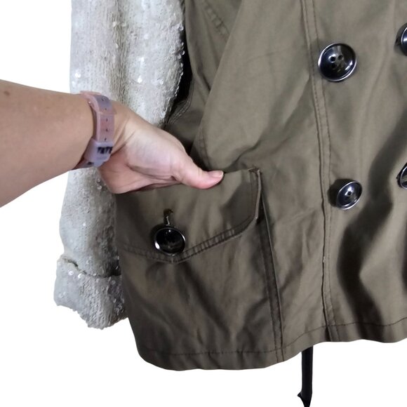 ANTHROPOLOGIE Hei Hei Sequin Sleeve Jacket Sz L Army Green Swing Double Breasted - Picture 10 of 13